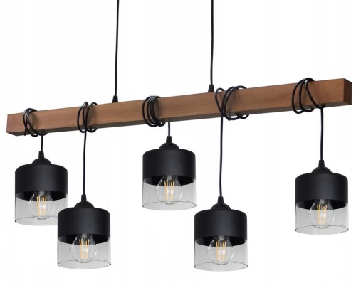 Plafon. Drewniana lampa sufitowa wisząca nad wyspę, stół, szklane klosze, walce. Regulowana wysokość. Kuchnia, salon.