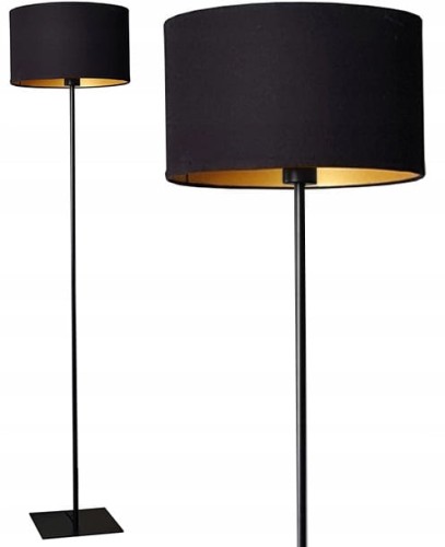 Lampa podłogowa 153 cm stojąca czarna matowa, abażur np. czarno złoty, loft. Lampa z czarnym abażurem, wewnątrz złoty.
