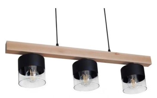 Lampa sufitowa wisząca drewno trzy szklane klosze . Różne kolory drewna do wyboru. Klosze w kształcie walca. Lampa do biura, domu, salonu, jadalni