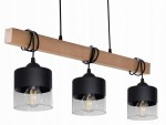 Lampa sufitowa wisząca drewno trzy szklane klosze na przewodach. Różne kolory drewna do wyboru. 